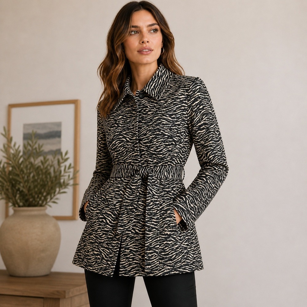 Sandro Studio Zebra Print Trench Coat S Black Cream Belted Jacket Parisian Chic